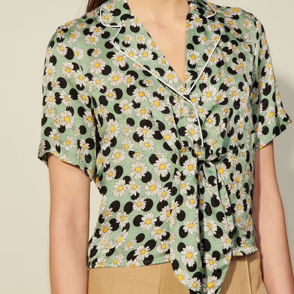 Sandro Rosa Daisy Print Tie Front Top Womens 2 Green Floral Polka Dot Blouse NEW